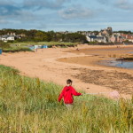 child walking in fields towards the sea